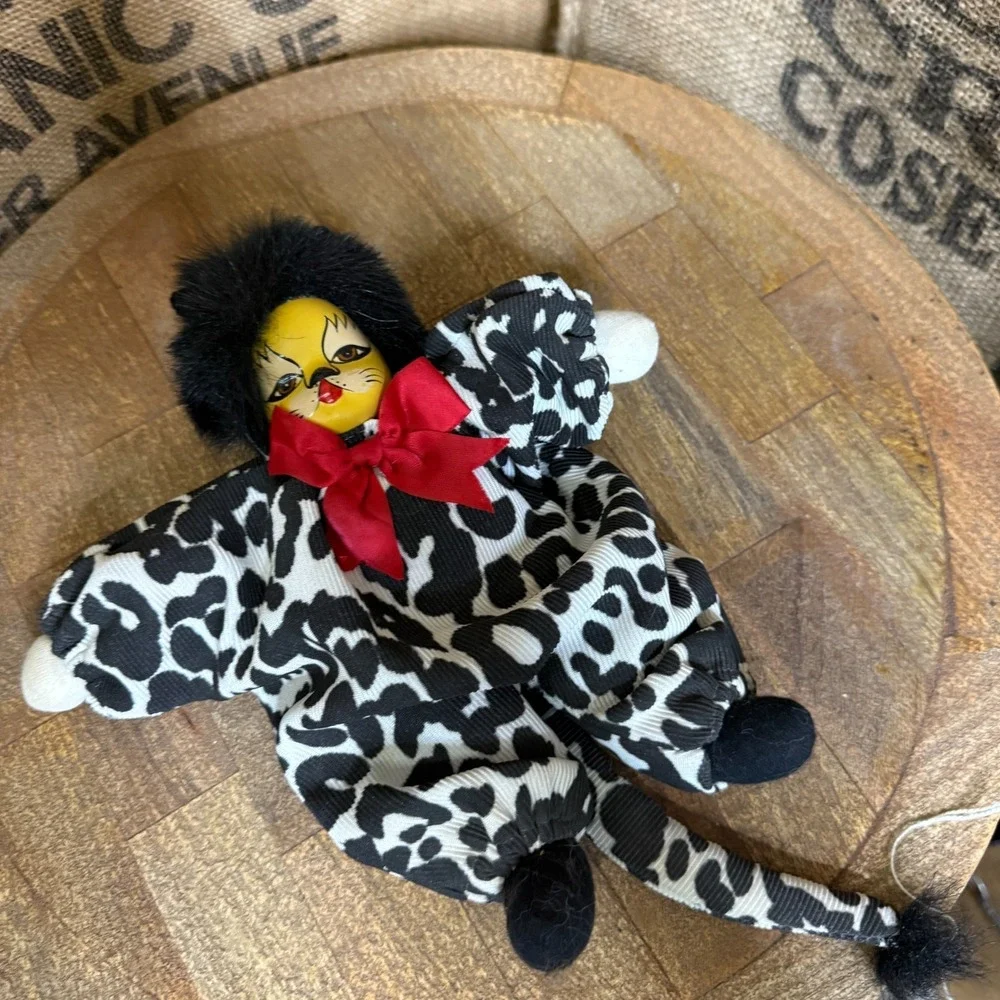 Vintage Porcelain Head Cat Clown Doll Leopard Print Body Fur Trim Red Bow